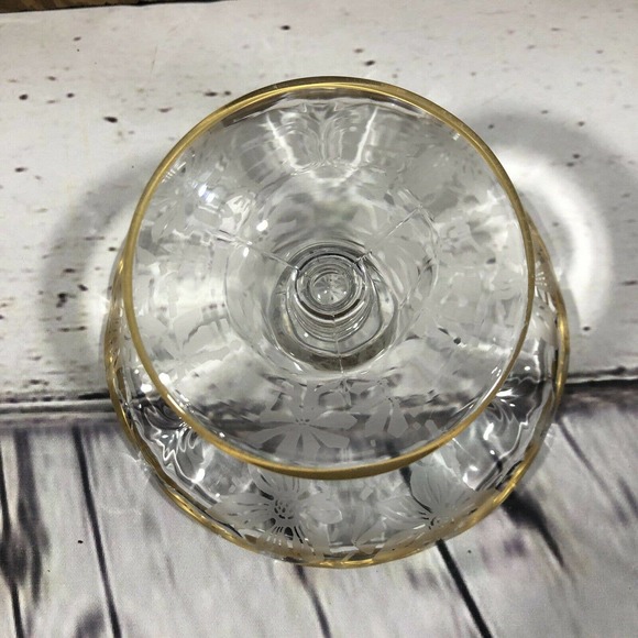 Glass Etched Pedestal Compote Dish Gold Trim - Picture 5 of 7